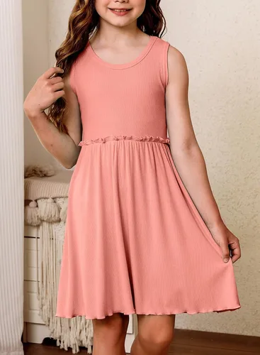 Vista 2 de blibean Vestido de verano sin mangas para niñas, trajes cómodos talla 4-13 años, A rosa