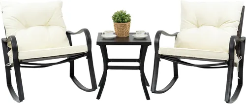 Vista 7 de Kozyard Juego de 3 sillas mecedoras para exteriores con mesa auxiliar y cojines, juego de muebles de mimbre para jardín, porche, patio trasero