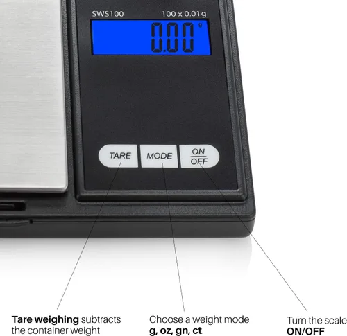 Vista 4 de Smart Weigh SWS100 - Báscula digital de bolsillo – Báscula de alta precisión de 3.53 oz x 0.00 oz para recargar, joyas, gemas y medicinas – LCD