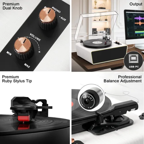 Vista 3 de Tocadiscos de vinilo de tamaño completo, tocadiscos Bluetooth de 3 velocidades con estilo Ruby, contrapeso ajustable, 4 altavoces estéreo