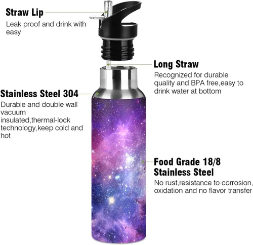 Vista 3 de Moudou Purple Galaxy - Botella de agua deportiva de acero inoxidable con tapa con pajilla, doble pared aislada al vacío, 20 onzas