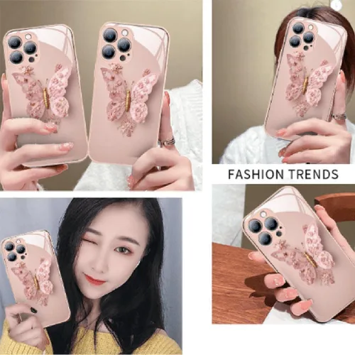Vista 7 de Funda de vidrio con patrón de mariposa 3D plana compatible con iPhone, funda para teléfono con cubierta de vidrio con patrón de mariposa