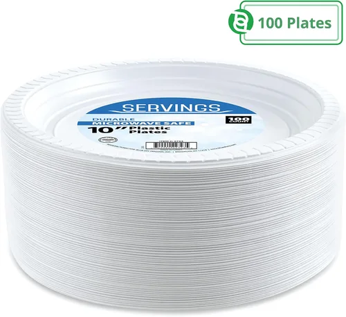 Vista 2 de Blue Sky Platos de plástico blanco de 10 pulgadas, 100 unidades, platos de plástico desechables, aptos para microondas, perfectos para fiestas