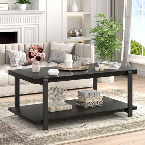 Vista 3 de FOLUBAN - Mesa de café negra, mesa de centro moderna de madera rústica con almacenamiento para sala de estar, mesa de té industrial de 2 niveles