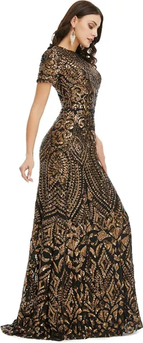 Vista 3 de Vestido de noche formal de lentejuelas de manga corta para mujer
