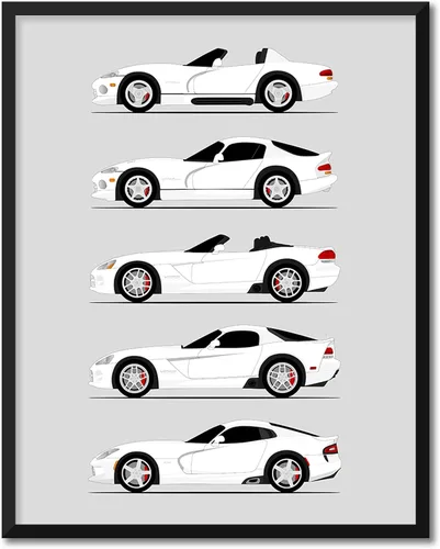 Vista 11 de Custom Car Posters Póster hecho a mano compatible con Dodge Viper Generations e impresión de Viper R/T GTS SRT10, color rojo con rayas blancas, 3.