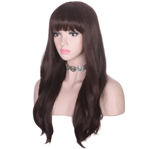 Vista 2 de morvally Peluca larga ondulada con flequillo para mujer, cabello sintético moreno, resistente al calor, aspecto natural para uso diario