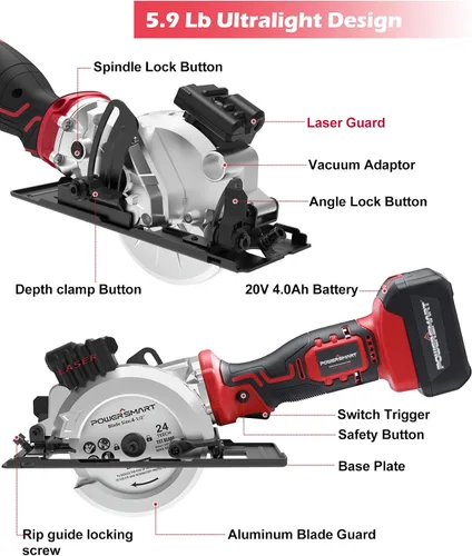 Vista 8 de Sierra mini circular inalámbrica PowerSmart de 20 V y 4-1/2 pulgadas con batería de 4.0 Ah y cargador rápido, 4 cuchillas ideales para cortes