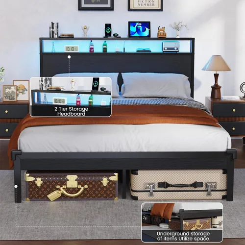 Vista 6 de Full Size Bed Frame with Headboard Built-in Charging Station & Led Lights