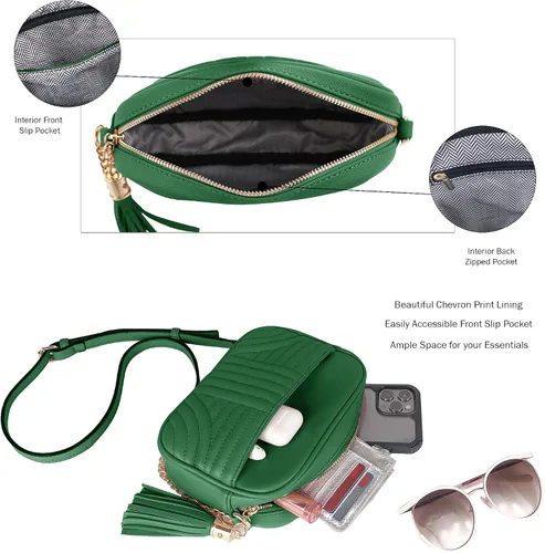 Vista 3 de EVVE Bolsos cruzados acolchados para mujer, elegante bolsa para cámara con borla, bolso de hombro ligero de tamaño mediano