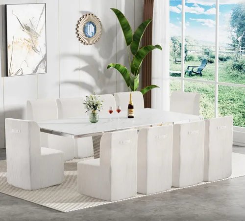 Vista 11 de Juego de mesa de comedor extensible marrón de 9 piezas para 8, 63 a 78.74 pulgadas, juego de mesa de cocina y comedor, mesa de comedor extensible
