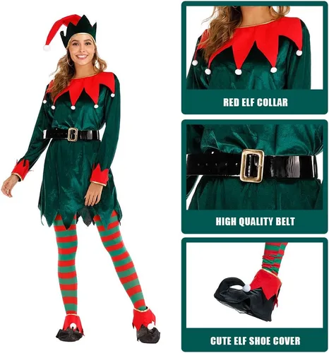 Vista 4 de Disfraz de elfo de Papá Noel para adultos, juego completo de fiesta de cosplay verde para la familia