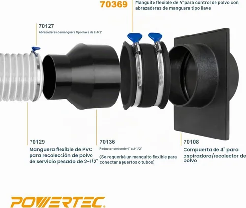 Vista 8 de POWERTEC Reductor de 4 a 2-1/2 pulgadas y manguito flexible con abrazaderas de manguera de llave de acero inoxidable, accesorio de recolección
