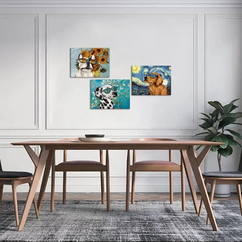 Vista 2 de Visual Art Decor Cuadro creativo de perro para decoración de pared, Van Gogh Noche estrellada, girasol, girasol, impresiones en gafas de sol