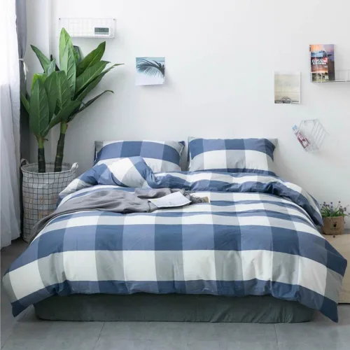 Vista 19 de Juego de funda de edredón a rayas azules, tamaño individual, 100% algodón, estampado de rayas retro, juego de ropa de cama de 3 piezas, funda