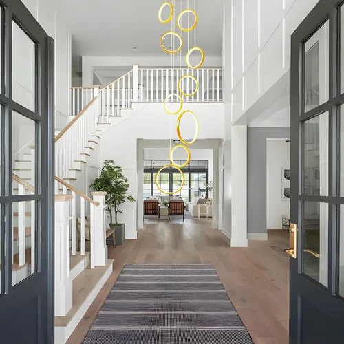 Vista 3 de Candelabro moderno para entrada para techos altos, lámpara moderna regulable dorada para escalera, de lujo, techo alto, lámpara colgante LED