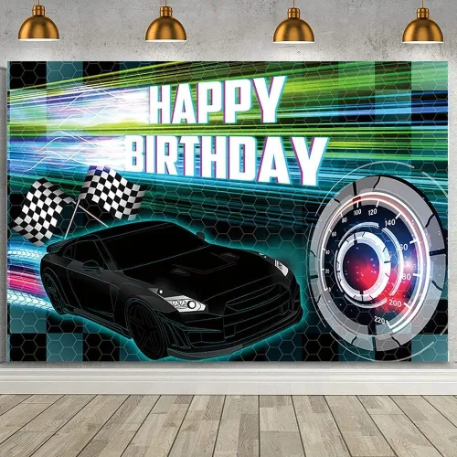 Vista 12 de MEHOFOND Telón de fondo negro de 7 x 5 pies, decoración de fiesta de carreras para niños, cartel de fiesta de cumpleaños con temática de auto