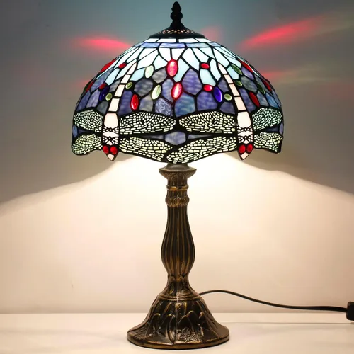 Vista 2 de WERFACTORY Tiffany - Lámpara de mesa con diseño de libélula, estilo libélula azul, para mesita de noche, luz de lectura, 12 x 12 x 18 pulgadas