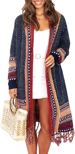 Vista 2 de FERBIA - Suéter tipo cárdigan bohemio para mujer largo abierto al frente tejido con borlas y flequillos estilo tribal