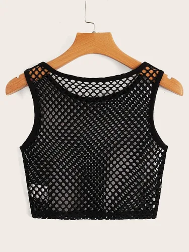 Vista 2 de Verdusa Camiseta corta sin mangas de malla transparente con cuello redondo para mujer
