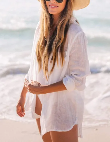 Vista 2 de Bsubseach Blusa de playa de manga larga para mujer, con cuello abotonado