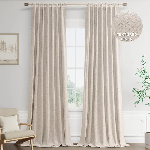 Vista 26 de Joywell - 2 cortinas de lino 100% opacas, con bolsillo para cortinero, trabilla trasera, cinta para ganchos y anillas con clip, con aislamiento