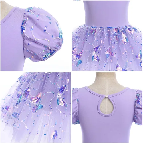 Vista 6 de Leotardos de ballet para niñas, 4 colores, mariposa, lentejuelas brillantes, vestido tutú de baile, manga abombada, ojo de cerradura en la espalda