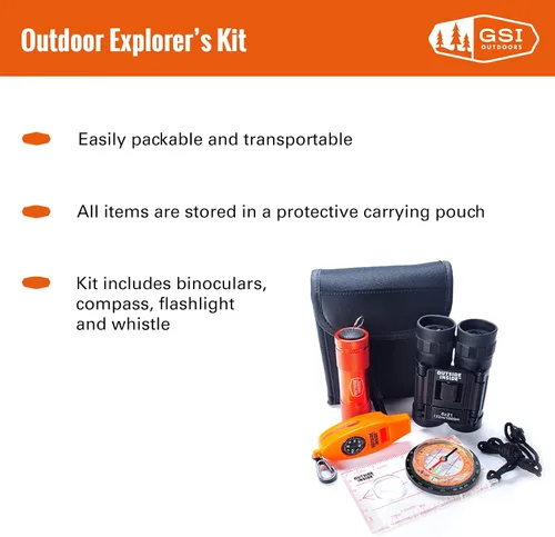 Vista 2 de Outside Inside Explorer's Essentials Kit para aventuras al aire libre, incluye prismáticos, brújula, linterna y silbato, bolsa protectora