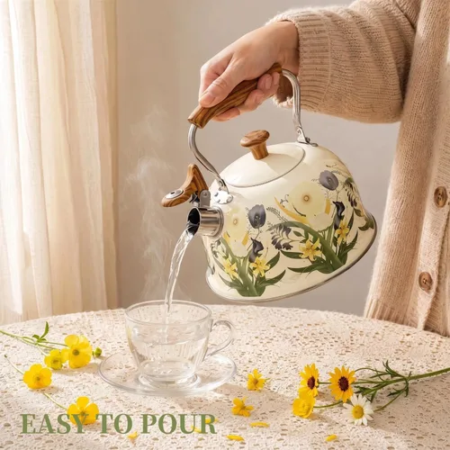 Vista 2 de Tea Kettle for Stove Top, 2.7 Quart Floral Whistling Kettle Tea Pots Stainless Steel Tea Pots with Wood Pattern Folding Handle for Boiling Water