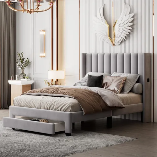 Vista 10 de Merax Moderna cama tapizada con cabecera con respaldo de alas, base de cama con soporte de listones de madera/fácil montaje, tamaño matrimonial