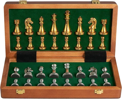 Vista 2 de BIVOMON Juego de ajedrez de metal para adultos y niños, tablero de ajedrez de madera plegable de 12 pulgadas con piezas de ajedrez de metal, juego