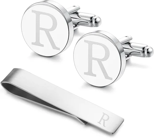 Vista 42 de LOYALLOOK - Gemelos de acero inoxidable grabados con inicial y clip de corbata, diseño de letras del alfabeto con caja de regalo, A-Z