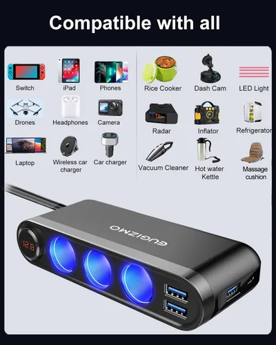 Vista 6 de Eugizmo - Divisor de encendedor de cigarrillos 7 en 1, adaptador de enchufe de cargador de coche de 200 W 1x PD30W USB-C, QC3.0 18W and 3x 2.4A