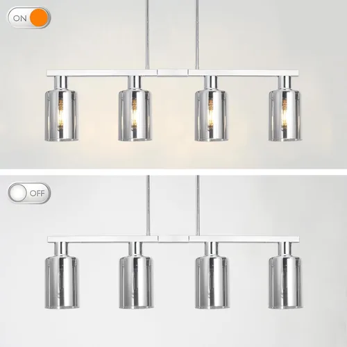 Vista 9 de Iluminación de isla de cocina de 4 luces, lámpara cromada para comedor, luz de isla para colgar sobre la mesa para candelabros lineales de granja