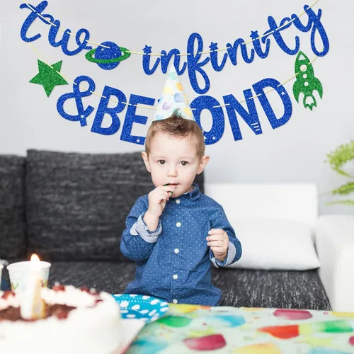 Vista 5 de Infinity and Beyond - Cartel de segundo cumpleaños – Decoración de fiesta temática espacial (azul) 2 Years Old Space Themed Birthday Banner, 2nd