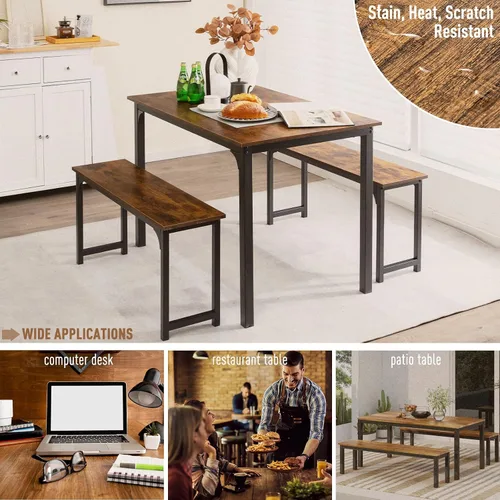 Vista 5 de NAFORT Juego de mesa de comedor para 4, mesa de cocina de 3 piezas con 2 bancos, mesa de comedor de 43.5 pulgadas que ahorra espacio con marco