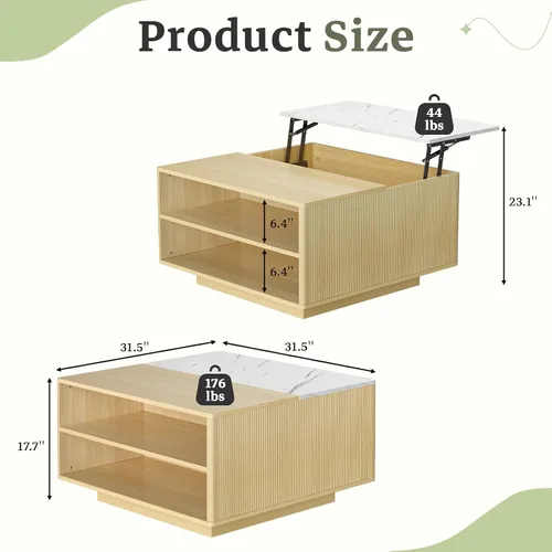 Vista 2 de Mesa de centro elevable con almacenamiento, mesa cuadrada central de madera natural estriada con almacenamiento abierto, mesa central para sala