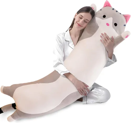 Vista 24 de shangman Bonita muñeca de gato de peluche, bonita almohada de peluche suave de caricaturas, almohada larga para dormir, regalo del día de San Negro