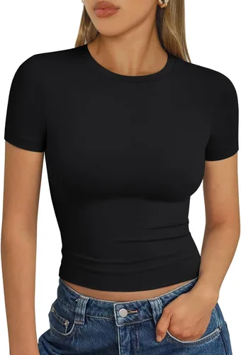 Vista 24 de Trendy Queen - Camisetas básicas para mujer, camisetas de verano 2025, de manga corta, ajustadas, para gimnasio, entrenamiento, ropa estilo Y2K