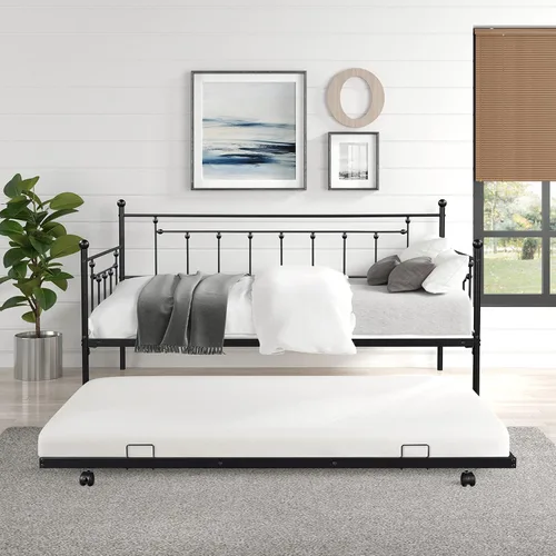Vista 10 de Sofá cama de marco metálico de tamaño individual con ruedas extraíbles, soporte de sofá cama de listones de acero resistente para invitados, sofá