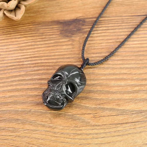 Vista 4 de COAI Collar con colgante de piedra de obsidiana negra, joyería de calavera, Piedra, obsidiana