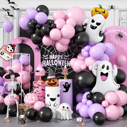 Vista 9 de Kit de guirnalda de arco de globos de Halloween, globos negros y rosados, globos de murciélago de aluminio fantasma para la familia, fondo de fiesta