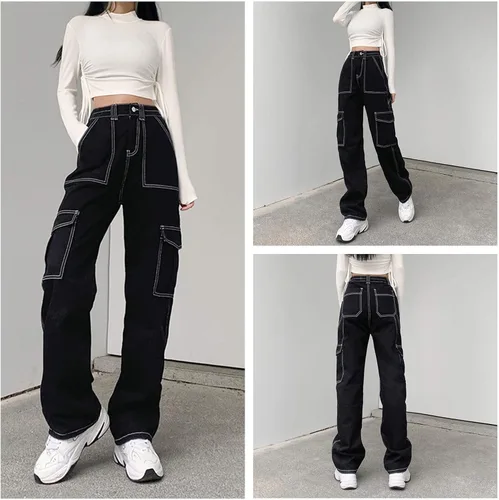 Vista 2 de ICNGLKSND Jeans holgados de cintura alta para mujer y niña, rectos, pierna ancha, pantalones de mezclilla Y2K, ropa de calle con bolsillos grandes