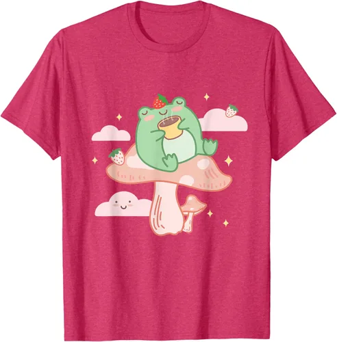 Vista 30 de Kawaii Strawberry Frog On Mushroom - Camiseta de manga corta de anime, Azul / Patchwork, S Azul Pastel