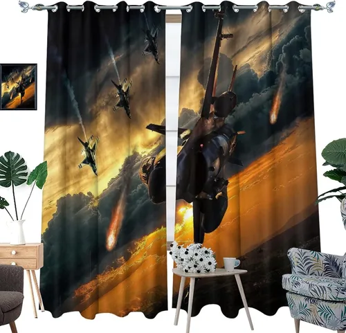Vista 3 de Cortinas opacas con diseño de avión para dormitorio, hermoso estampado de combatientes de puesta de sol, con ojales, aislamiento térmico, cortinas