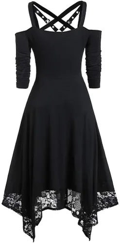 Vista 3 de Vestido gótico con vuelo para mujer, con tirantes delgados, hombros descubiertos, encaje, transparente, negro, irregular, vestido midi vintage