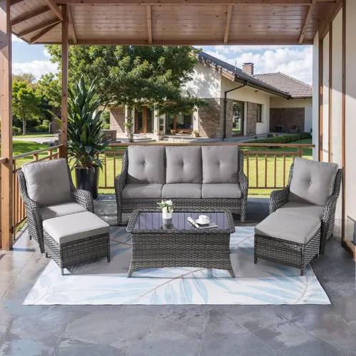 Vista 56 de HUMMUH Juego de 2 sillas de mimbre para patio, sillas de comedor de ratán de polietileno para exteriores, con cojines de asiento de 4 pulgadas