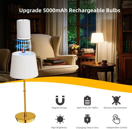 Vista 3 de Lámpara de mesa inalámbrica, lámpara de escritorio recargable de 5000 mAh con bombillas RGB magnéticas regulables y control remoto, funciona