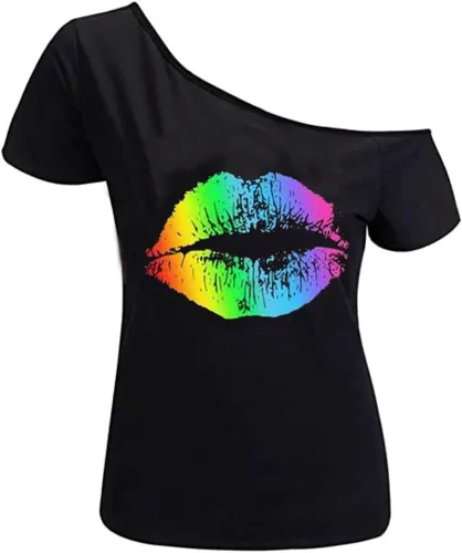 Vista 18 de MAGICMK - Camiseta casual para mujer, con estampado de labios y hombro descubierto, talla extragrande