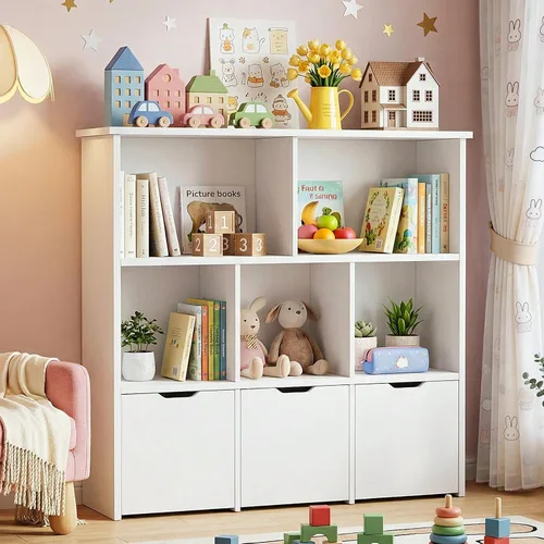 Vista 7 de Teckid Organizador de almacenamiento de juguetes con 3 cajones móviles y 5 cubos abiertos, estantería para niños y armario de almacenamiento